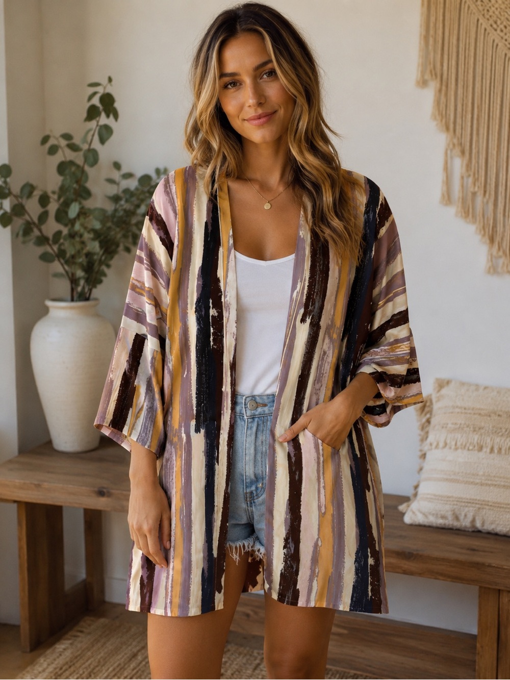 Women's boho lightweight kimono in Mauve Stripe